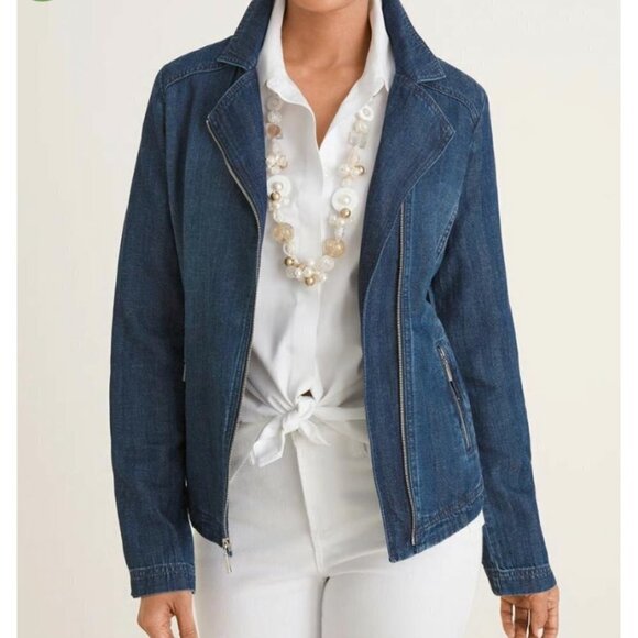 Chico’s Linen Blend Essential Denim Moto Jacket Subtle Stripe - Picture 1 of 9